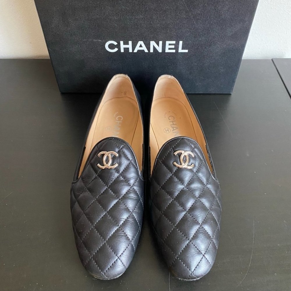 CHANEL Black Lambskin Quilted Leather Loafers Silver CC 37.5 7 7.5 Shoes Box - Picture 3 of 12